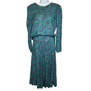 Vintage 1980's Horchow Womens Teal Purple Floral Midi 2 Piece Skirt Set Sz 8‎